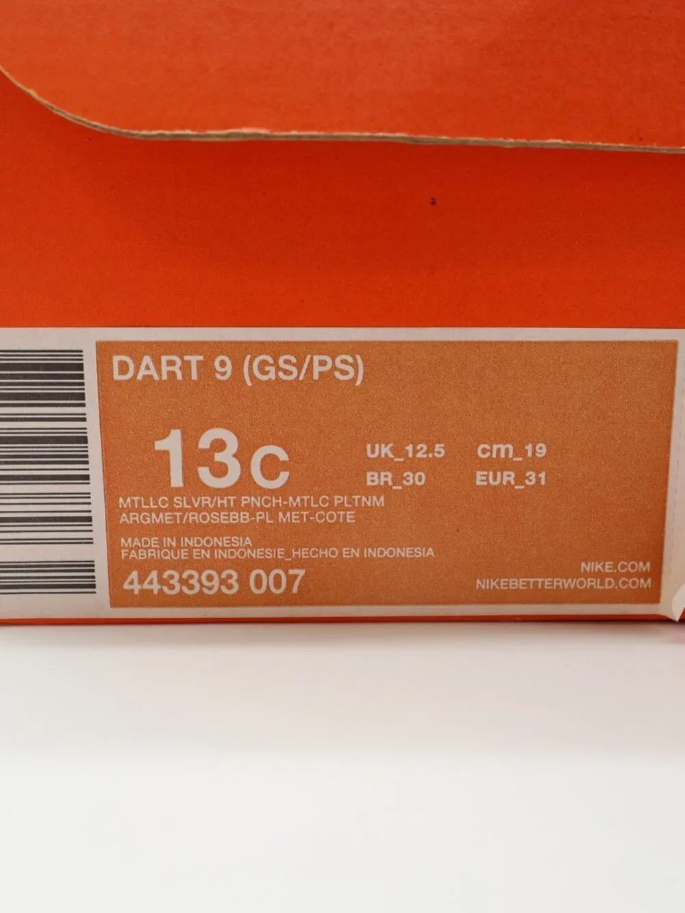 Nike Dart 9 Running Shoes Kids 13C Silver Pink Mesh Athletic 443393-007 New